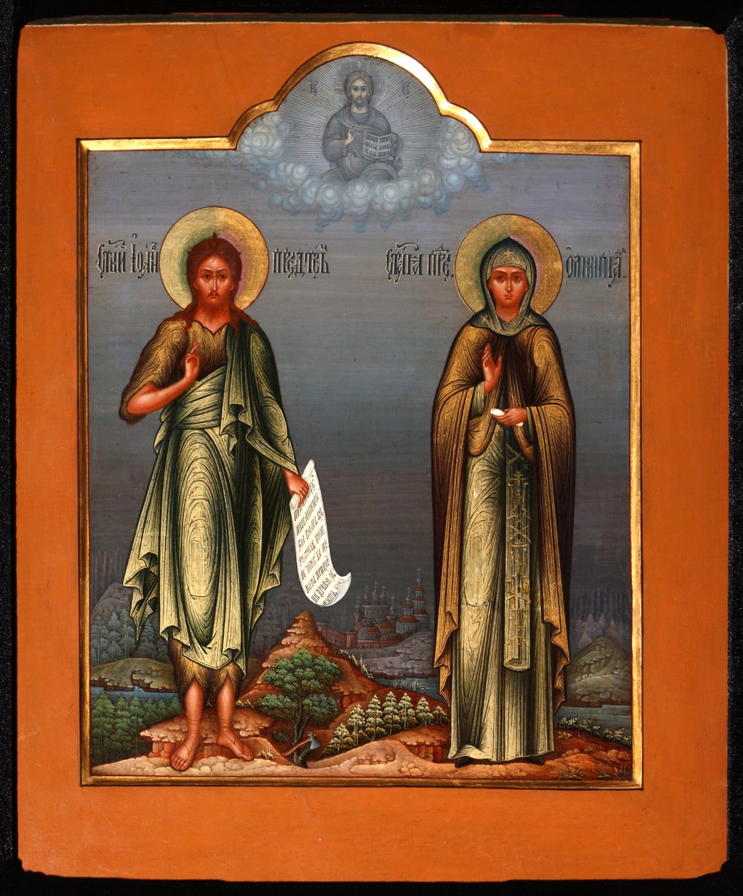 Saint John the Preerunner och Saint Olympia diakonin, slutet av 1800-talet. av Anonymous Russian icon painter