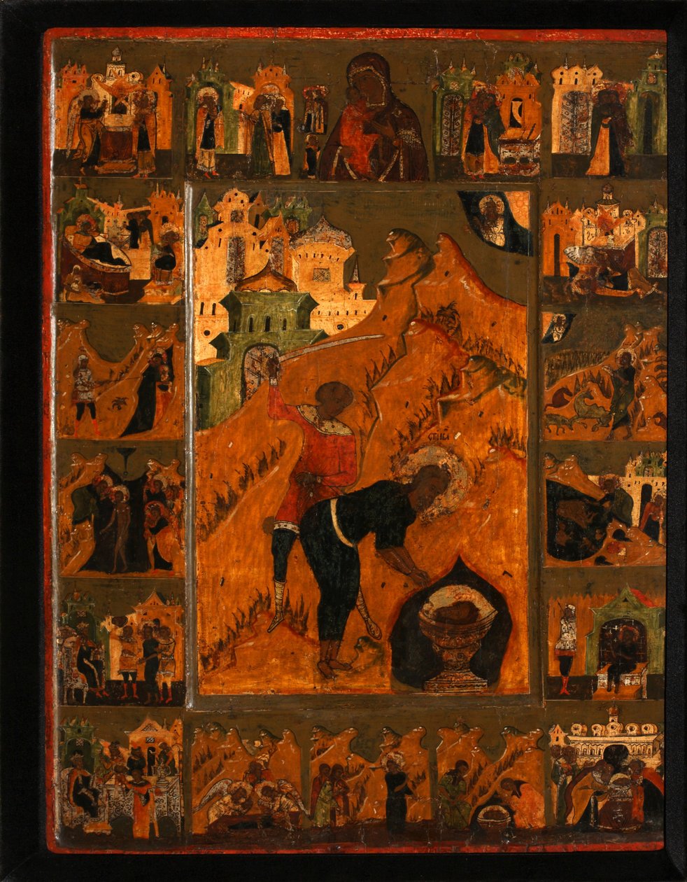 Halshuggningen av Johannes Döparen med Feodorovskaya Guds moder, tidigt 1600-tal. av Anonymous Russian icon painter