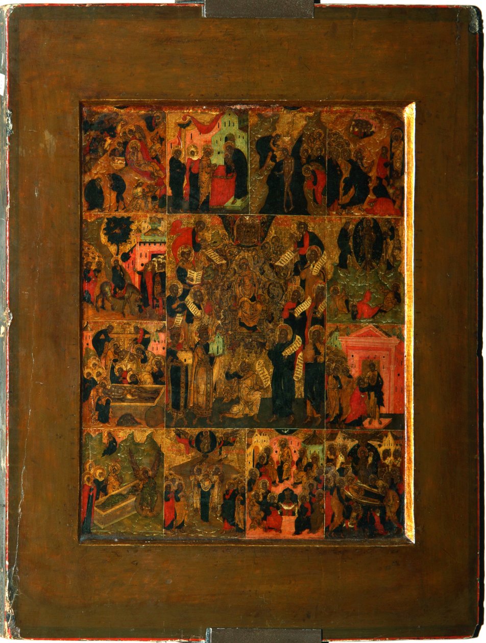 The Glorification of the Virgin Akathist Hymn to the All Heligaste Theotokos, tidigt 1600-tal. av Anonymous Russian icon painter