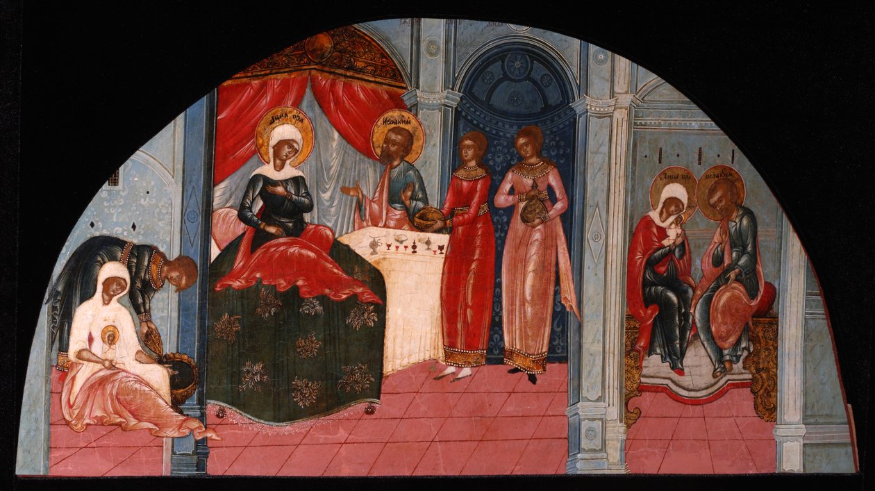 Jungfruns födelse, 1800-talets piga. av Anonymous Russian icon painter