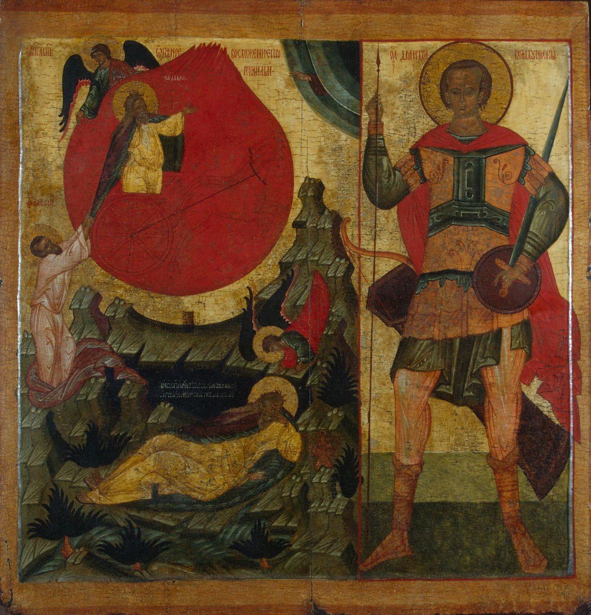 Profeten Elia och den brinnande vagnen. Sankt Demetrius av Thessaloniki, mitten av 1500-talet av Anonymous Russian icon painter