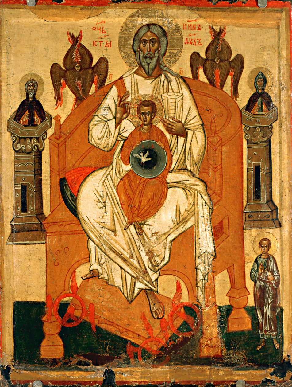 Treenighet med de heliga, tidigt 1400-tal. av Anonymous Russian icon painter