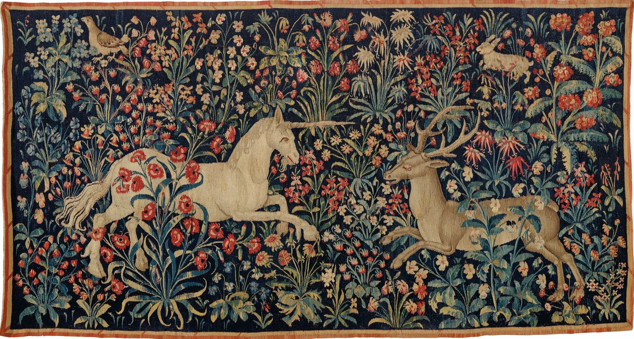 En enhörning och en hjort i ett fält av blommor, ca. 1500. av Anonymous master.