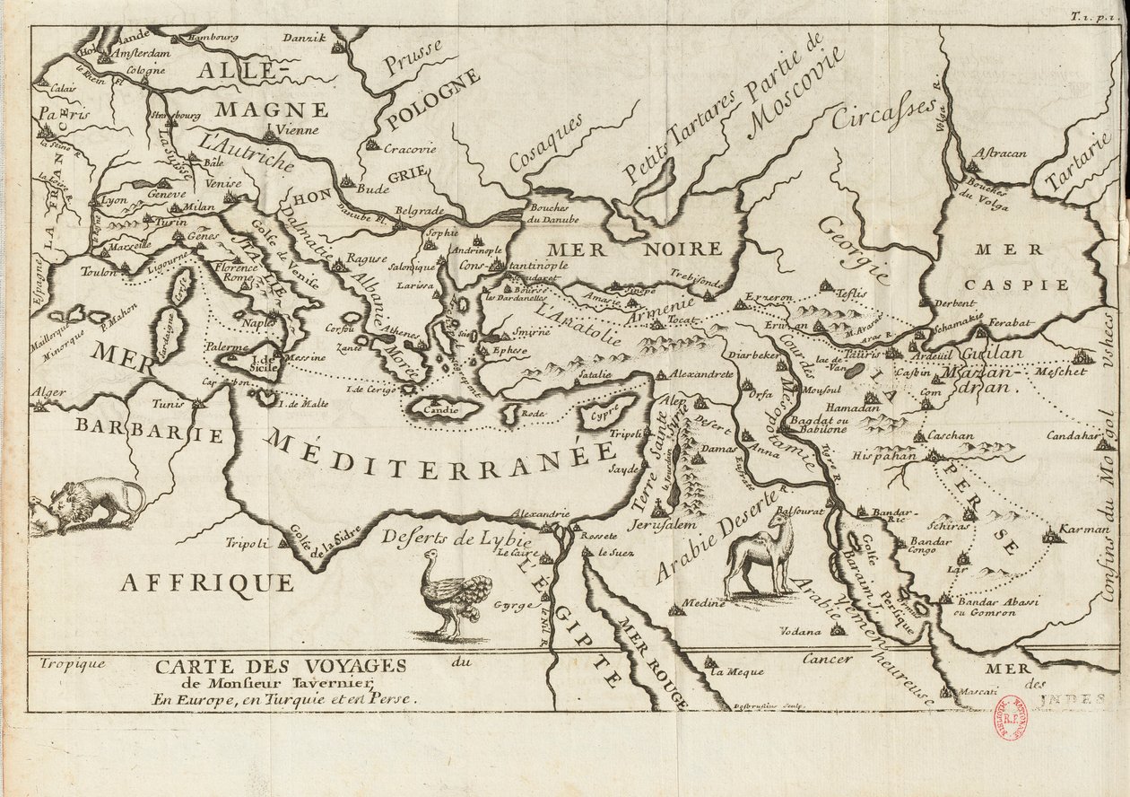 Karta över Taverniers resor i Europa, Persien, Turkiet, 1600-talet. av Anonymous master.