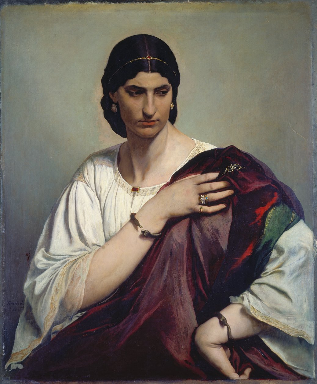 Lucrezia Borgia; Porträtt av en romersk kvinna i vit tunika och röd mantel, ca 1862-66 (olja på duk) av Anselm Feuerbach