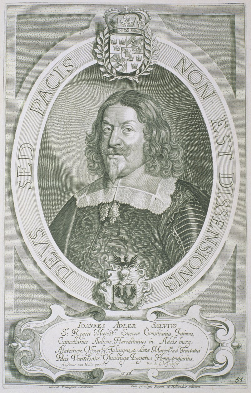 Johann Adler Salvius (1590-1652) från "Portraits des Hommes Illustres", graverad av Petrus de Iode, publicerad 1706. av Anselmus van Hulle