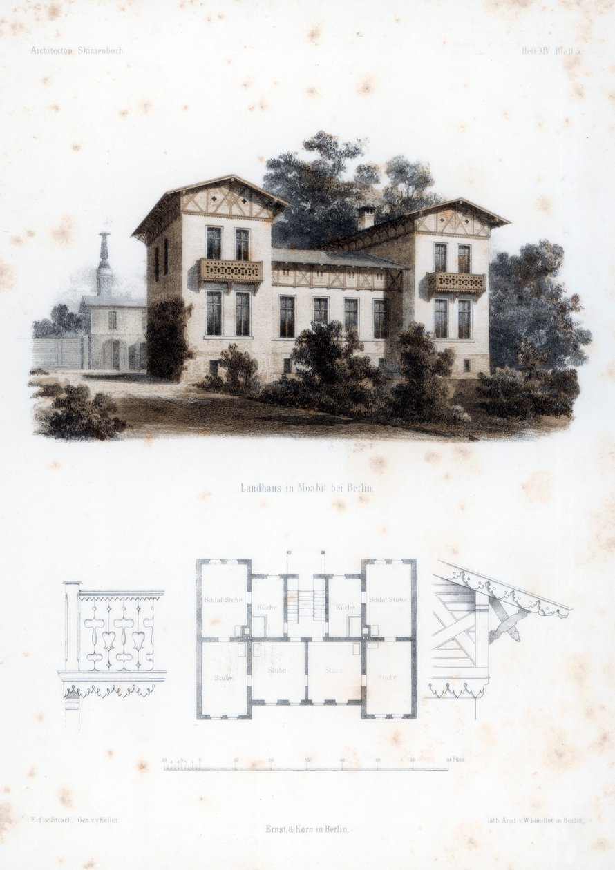 Design för ett hus på landet i Moabit, nära Berlin, Tyskland, c1850. av Anst von W Loeillot