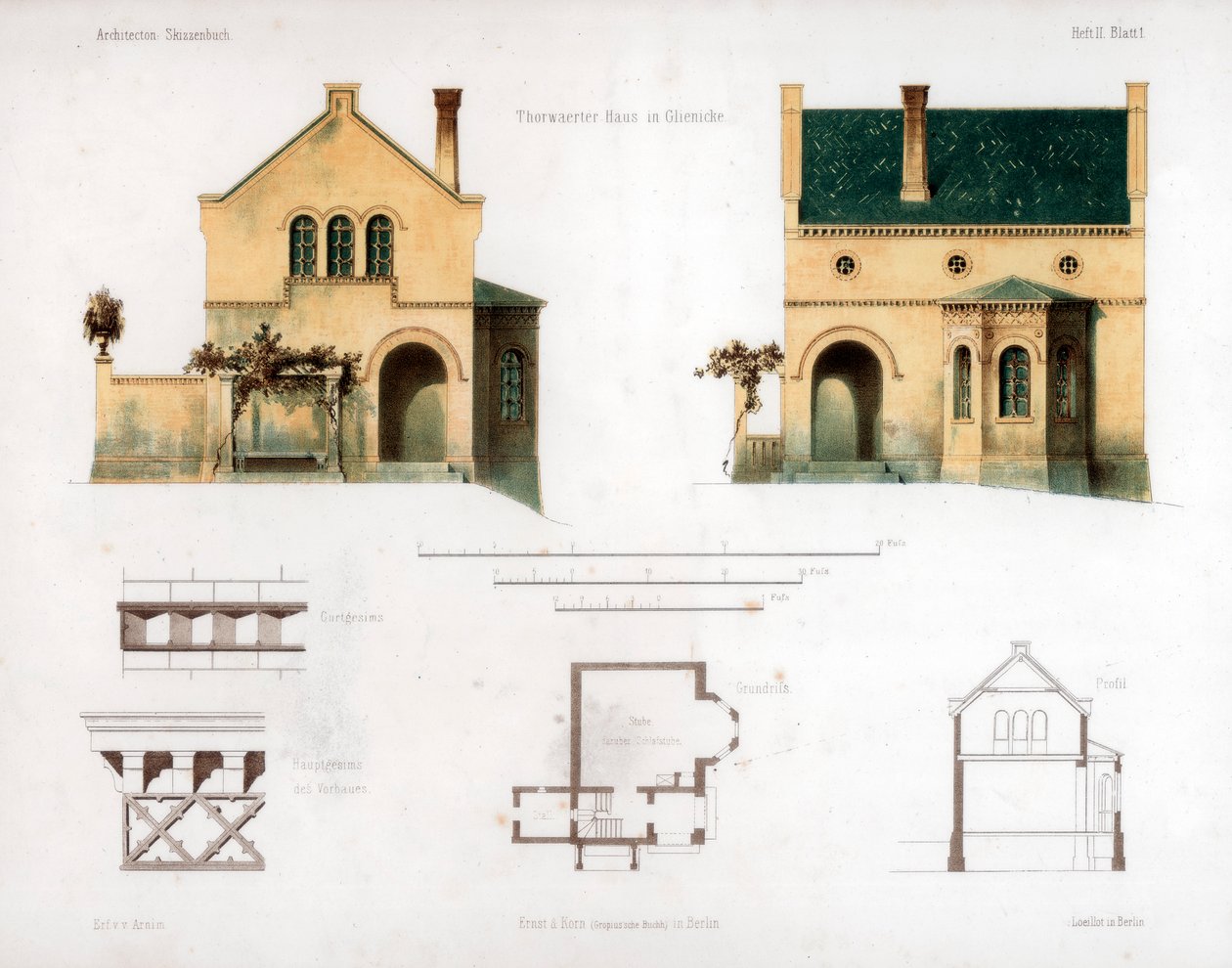 Design för ett hus i Glienicke, Tyskland, c1850. av Anst von W Loeillot