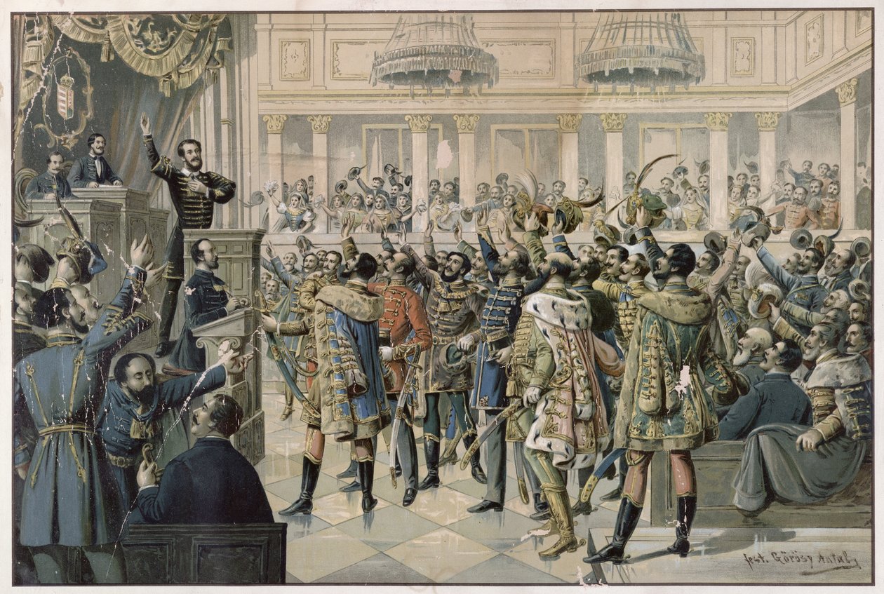 "Our Motion is Carried!", det ungerska parlamentet i Budapest antog lagstiftningen för att skapa en armé för att slåss mot det habsburgska imperiet, 2 juli 1848, slutet av 1800-talet av Antal Gorosy