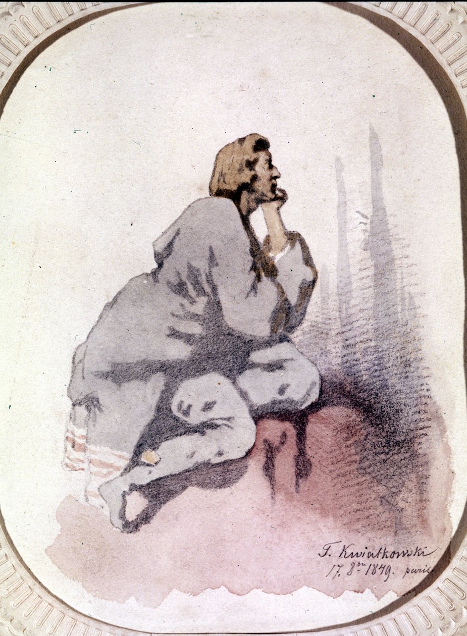 Porträtt av Frederic Chopin (1810-1849), polsk kompositör. Akvarell av Kwiatkowski. av Antar Teofil Kwiatowski