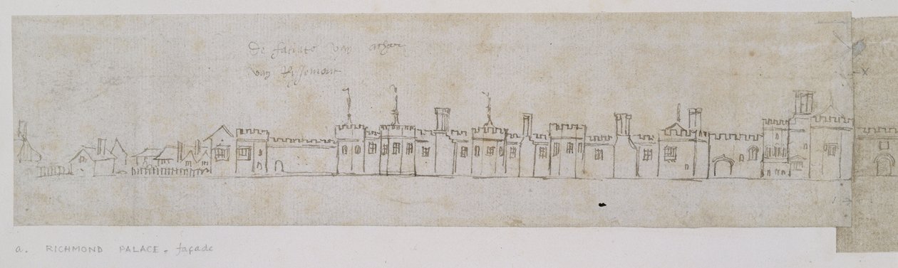 Richmond Palace, fasad (penna och brunt bläck över svaga markeringar i svart krita) av Anthonie Jacobus van Wyngaerdt