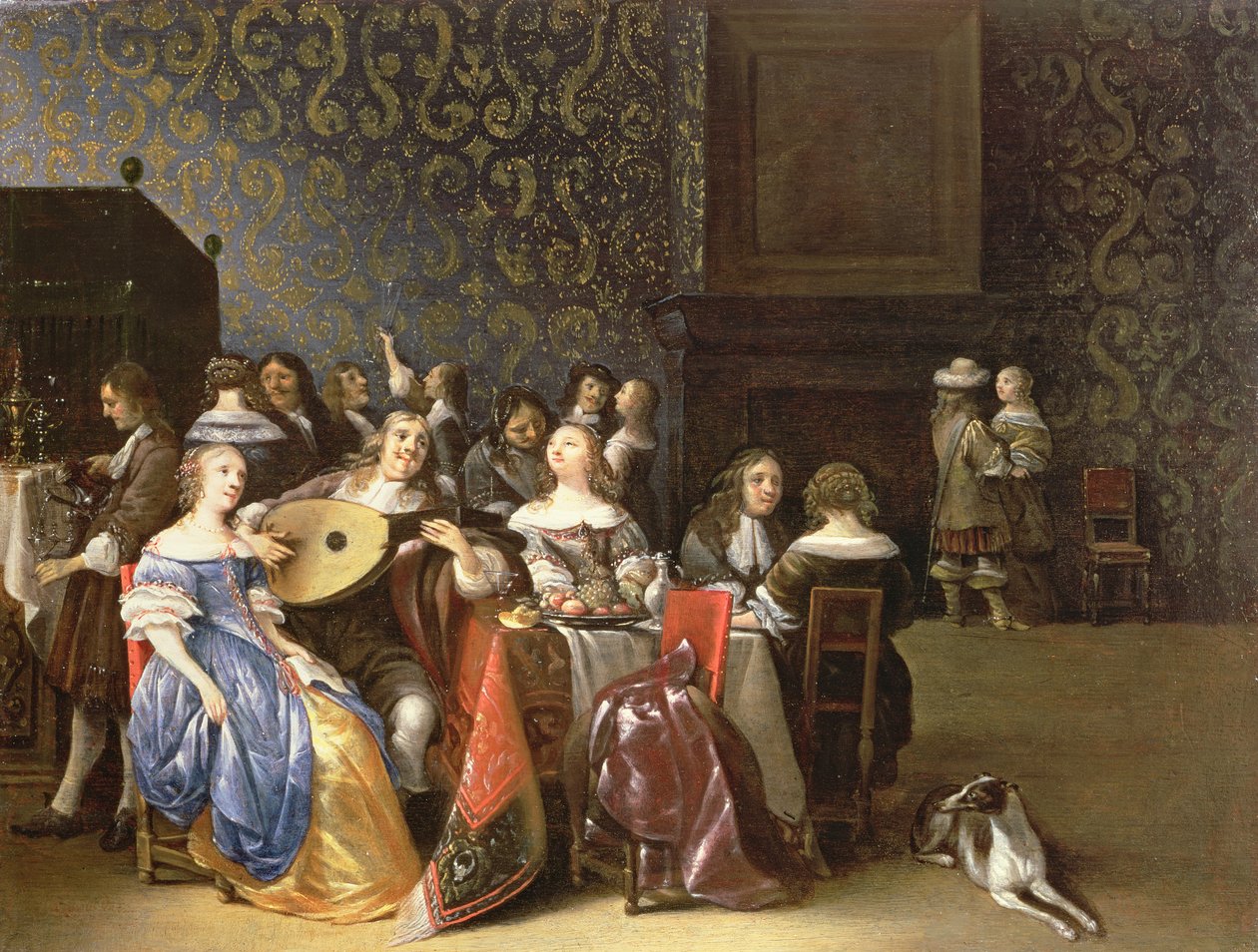 Elegant sällskap som festar i en interiör (panel) av Anthonie Palamedesz
