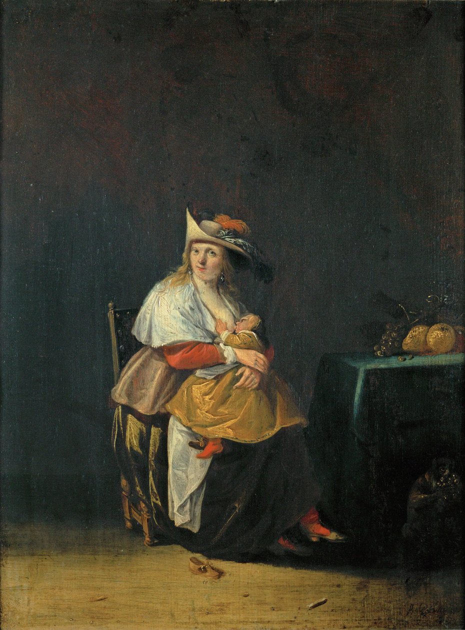 De fem sinnena: smak, en kvinna som ammar sitt barn ... av Anthonie (1601-73) Palamedesz