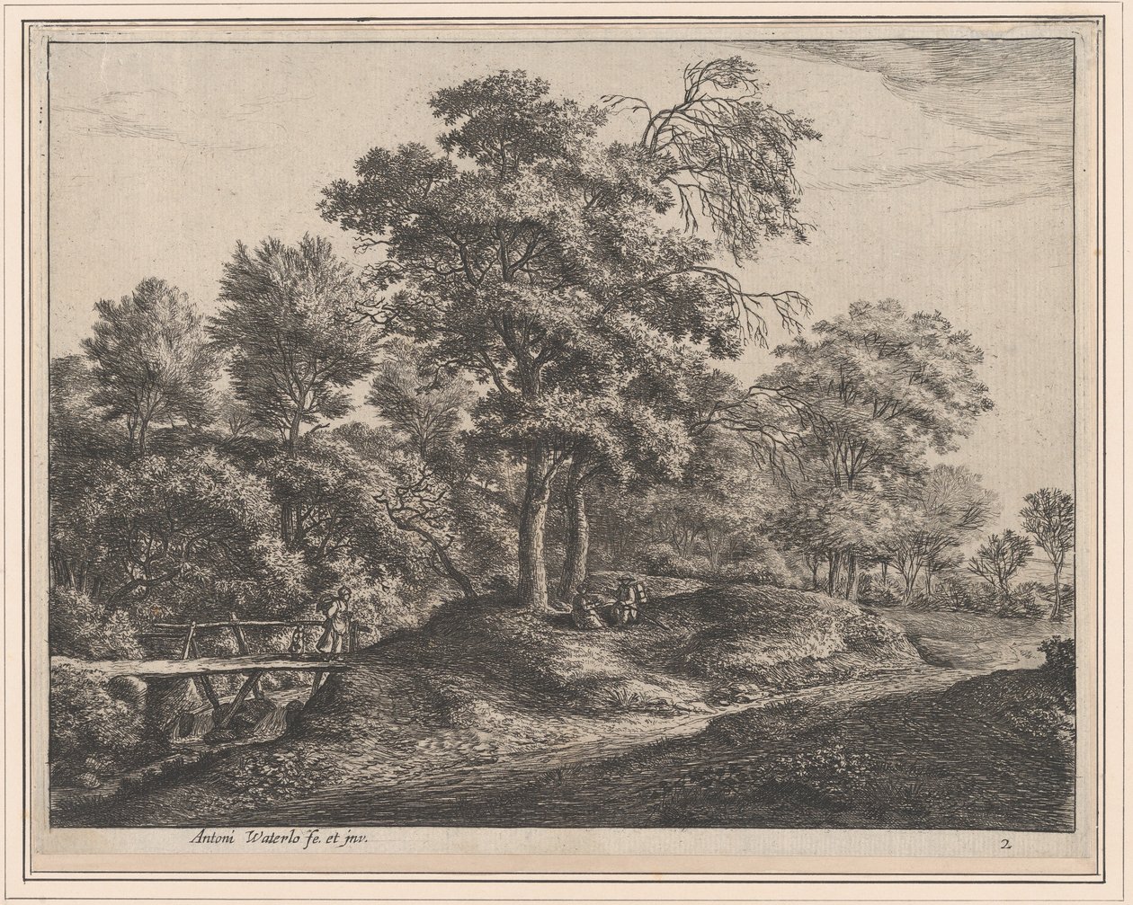 En bondkvinna och dotter på en liten träbro, 1600-talet. av Anthonie Waterloo