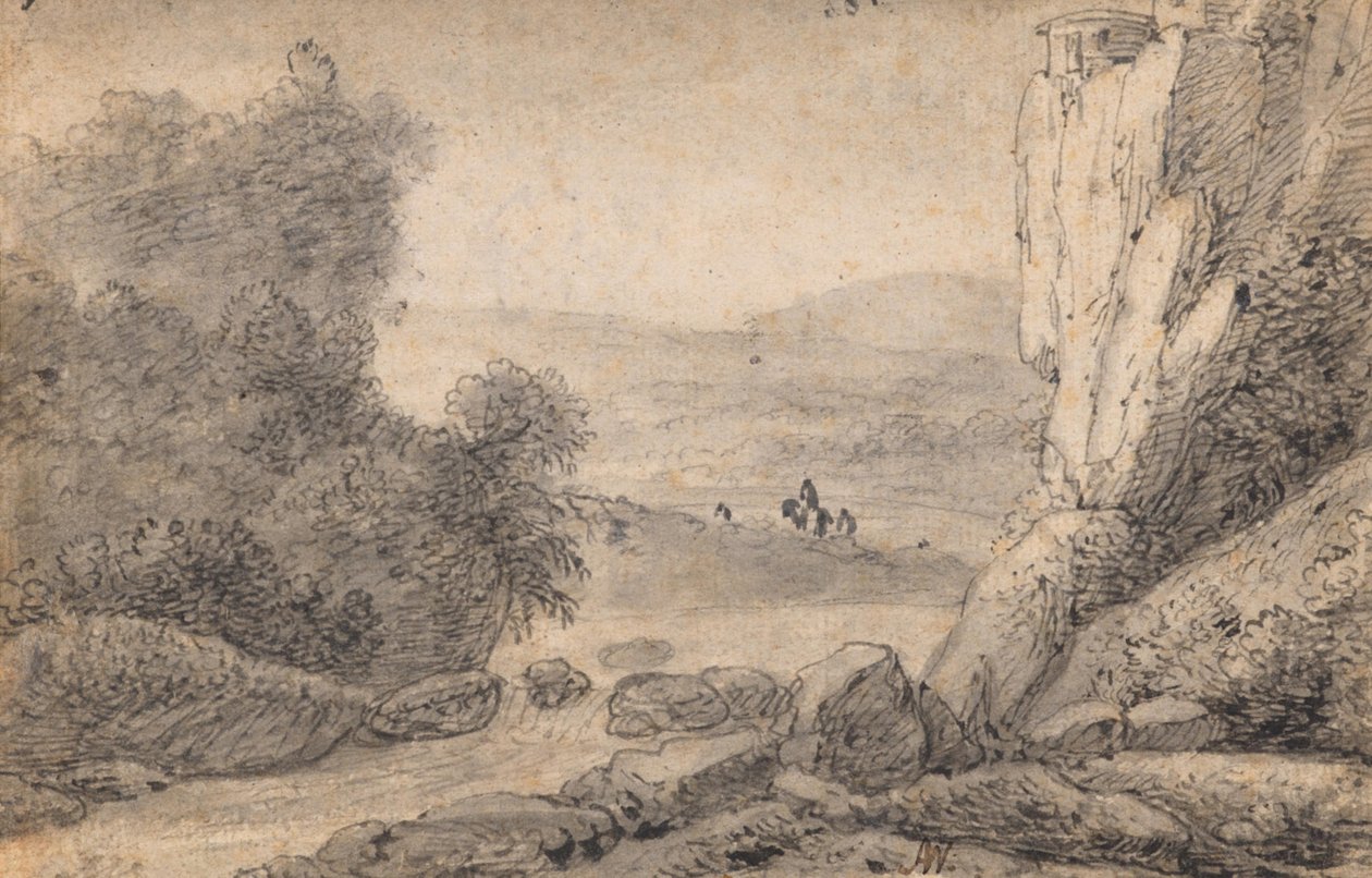 Bergslandskap med resande av Anthonie Waterloo