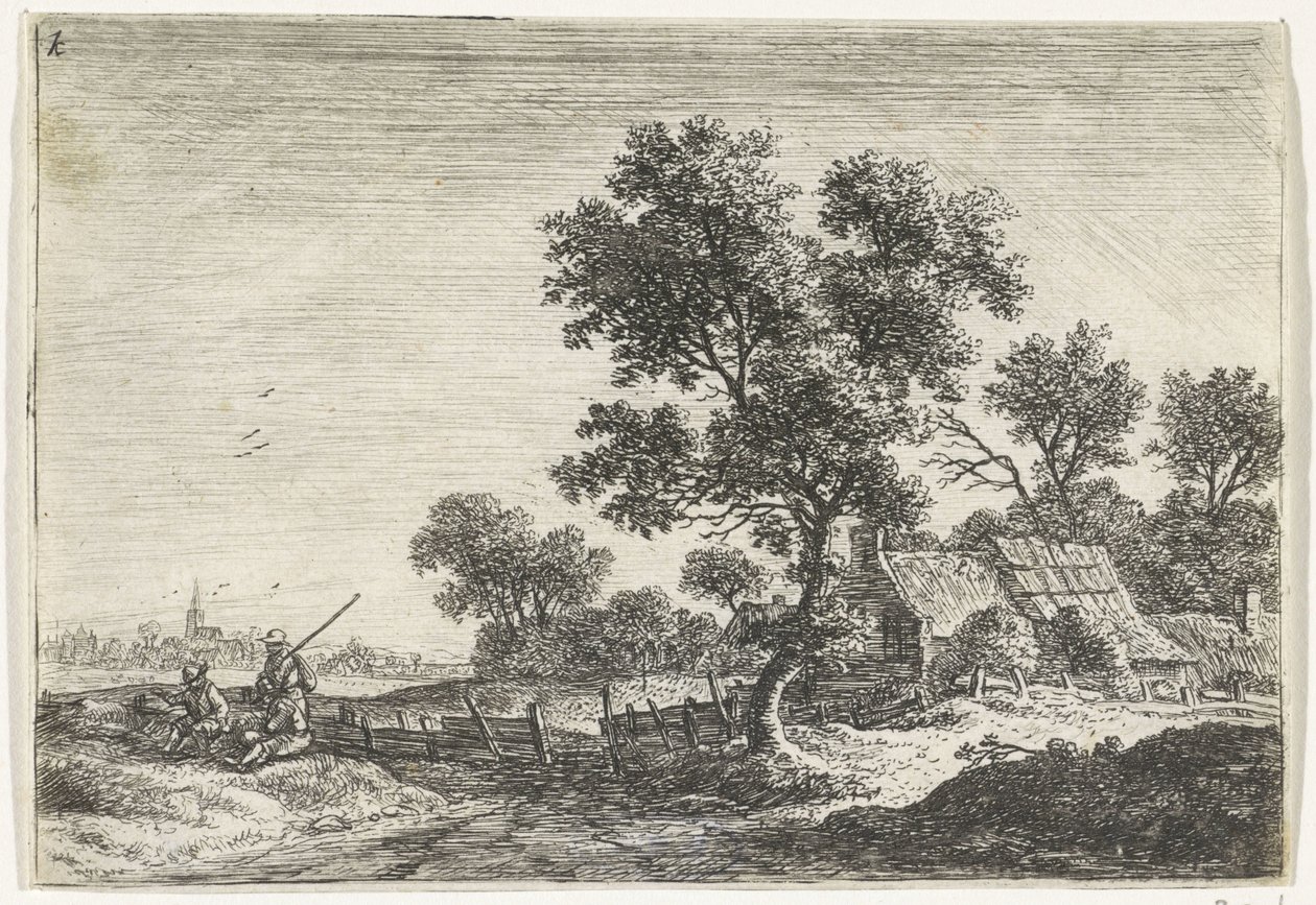 Bönder på en kulle Landskap med figurer (serietitel) av Anthonie Waterloo