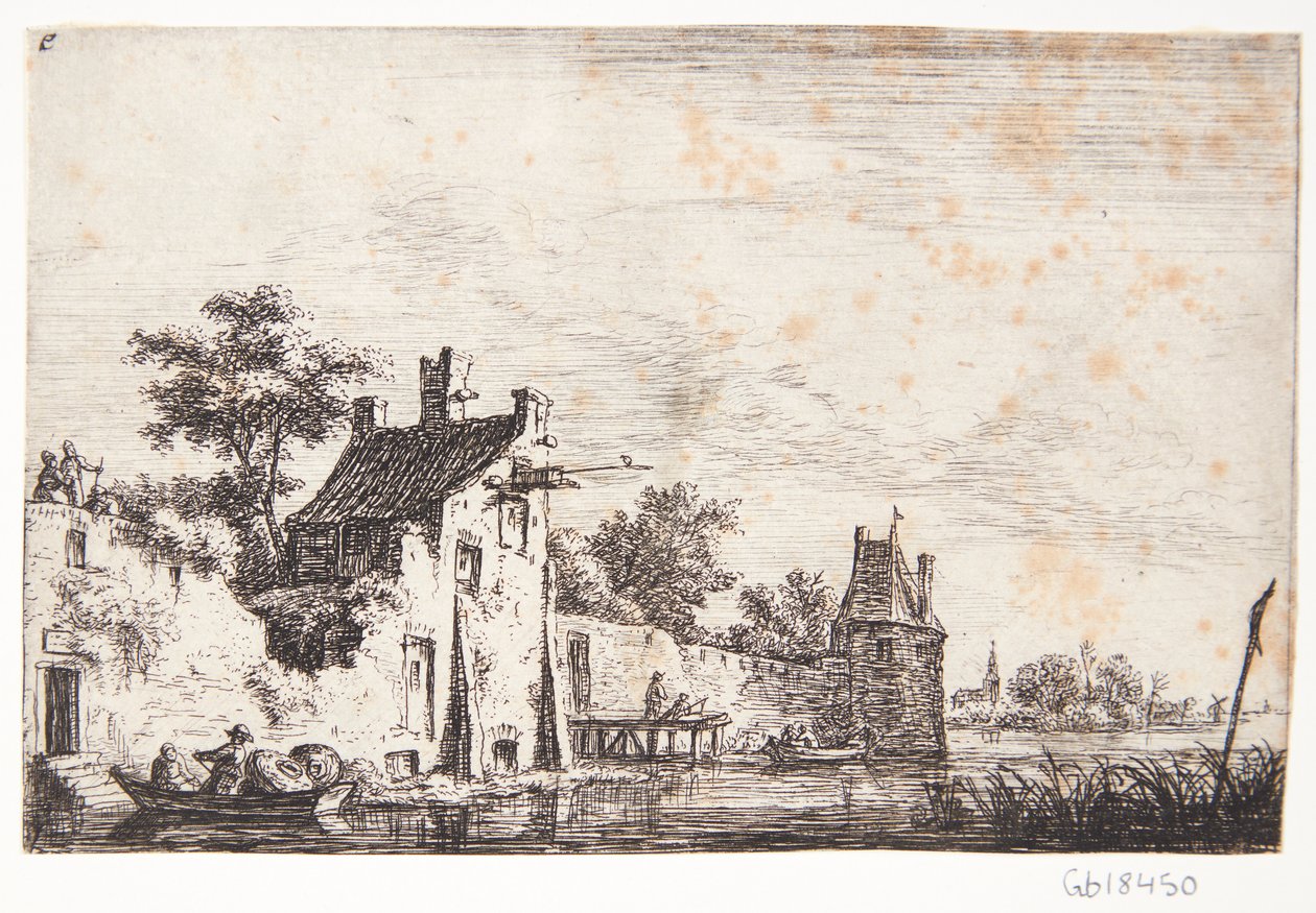 Stadsmur vid en flod av Anthonie Waterloo