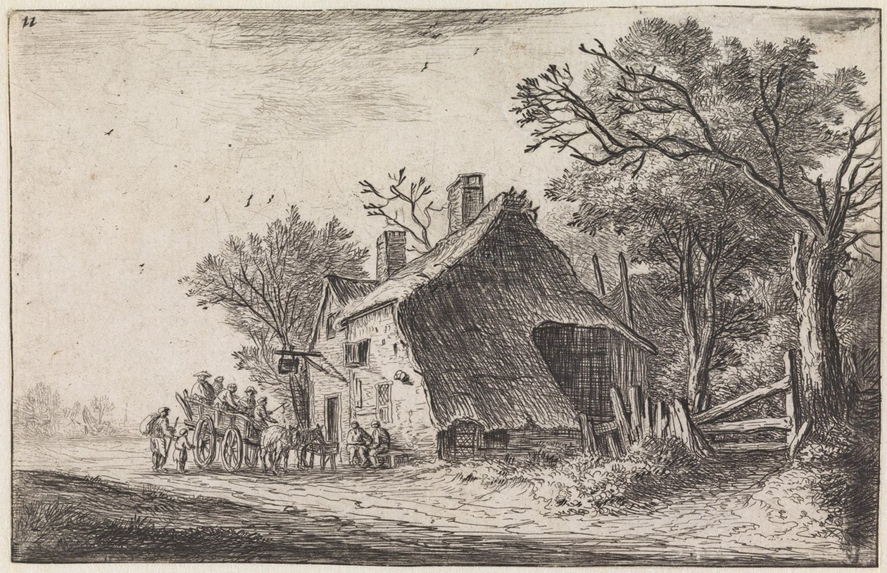 Resenärernas ankomst till värdshuset (nr 2 i en serie om 12 tryck) av Anthonie Waterloo