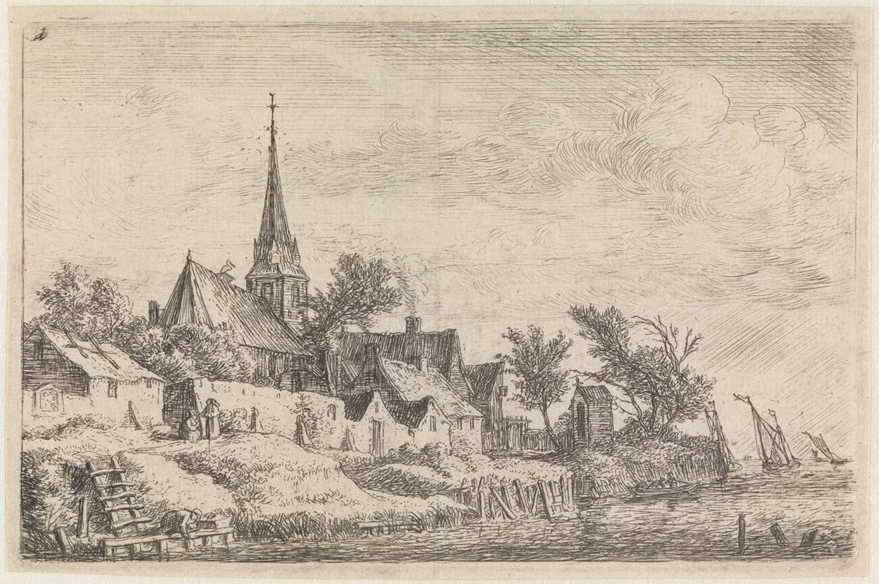 By med en kyrka med spetsigt torn vid havsstranden (nr 4 ur en serie om 12 tryck) av Anthonie Waterloo