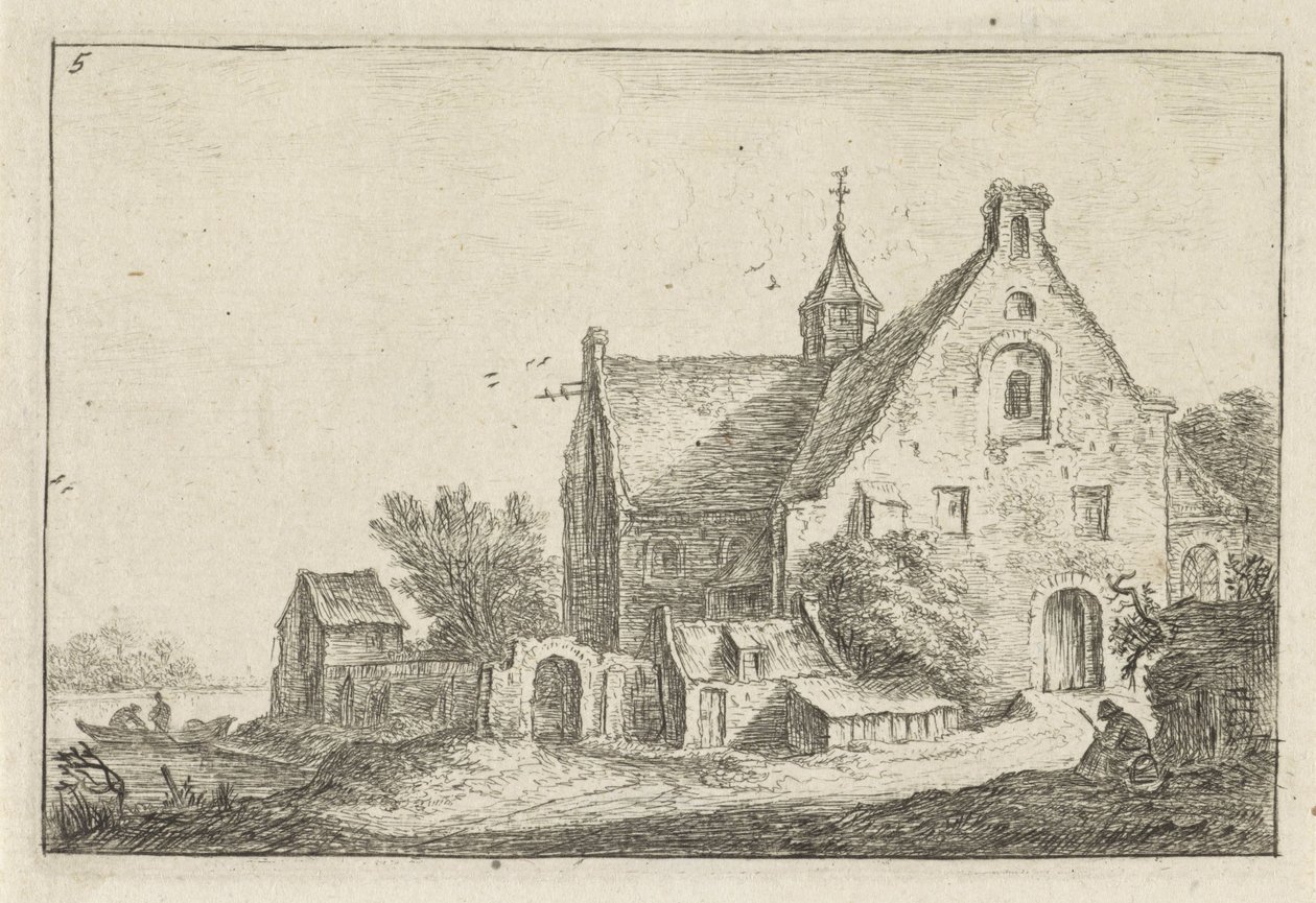 Bykyrka på vattnet Landskap med byggnader (serietitel) av Anthonie Waterloo