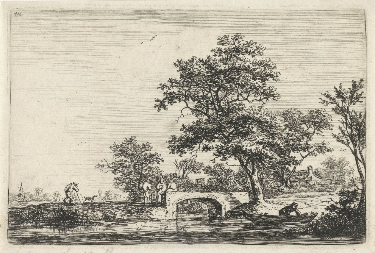 Figurer vid en stenbro Landskap med figurer (serietitel) av Anthonie Waterloo