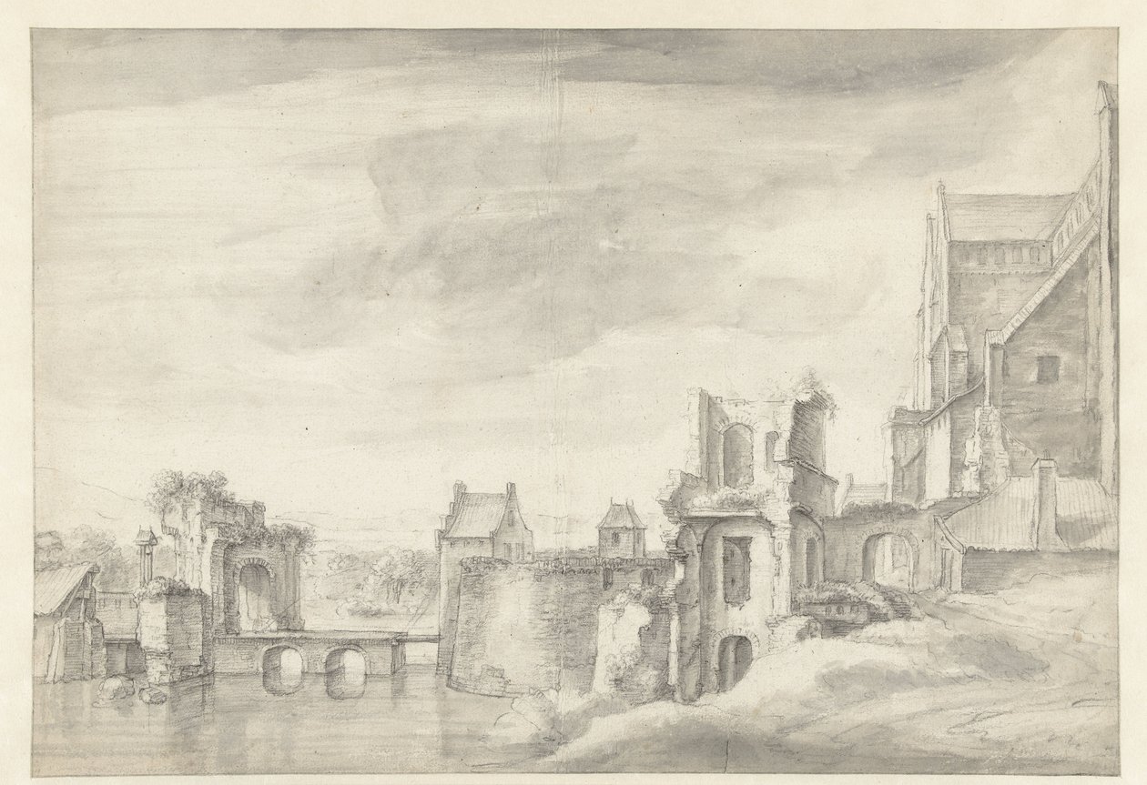 Utsikt över ruiner på en flodstrand (St. Walburgkerk i Arnhem?) av Anthonie Waterloo