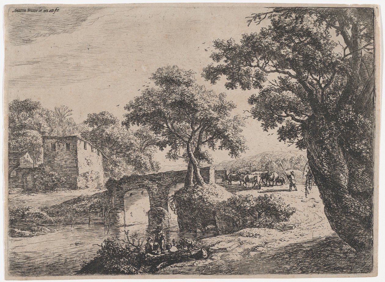 Flock nära en stenbro, 1600-talet. av Anthonie Waterloo