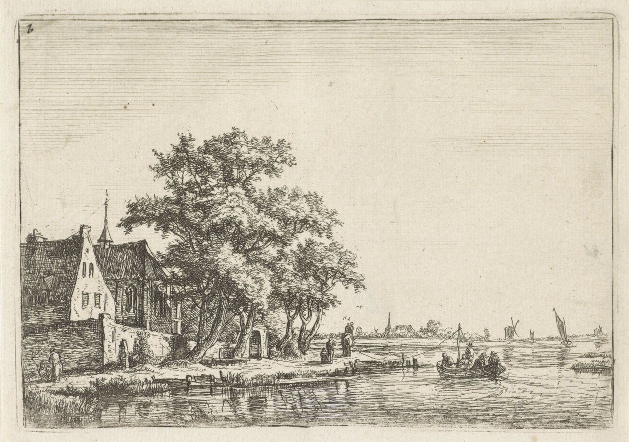 Kyrka vid vattnet Landskap med figurer (serietitel) av Anthonie Waterloo