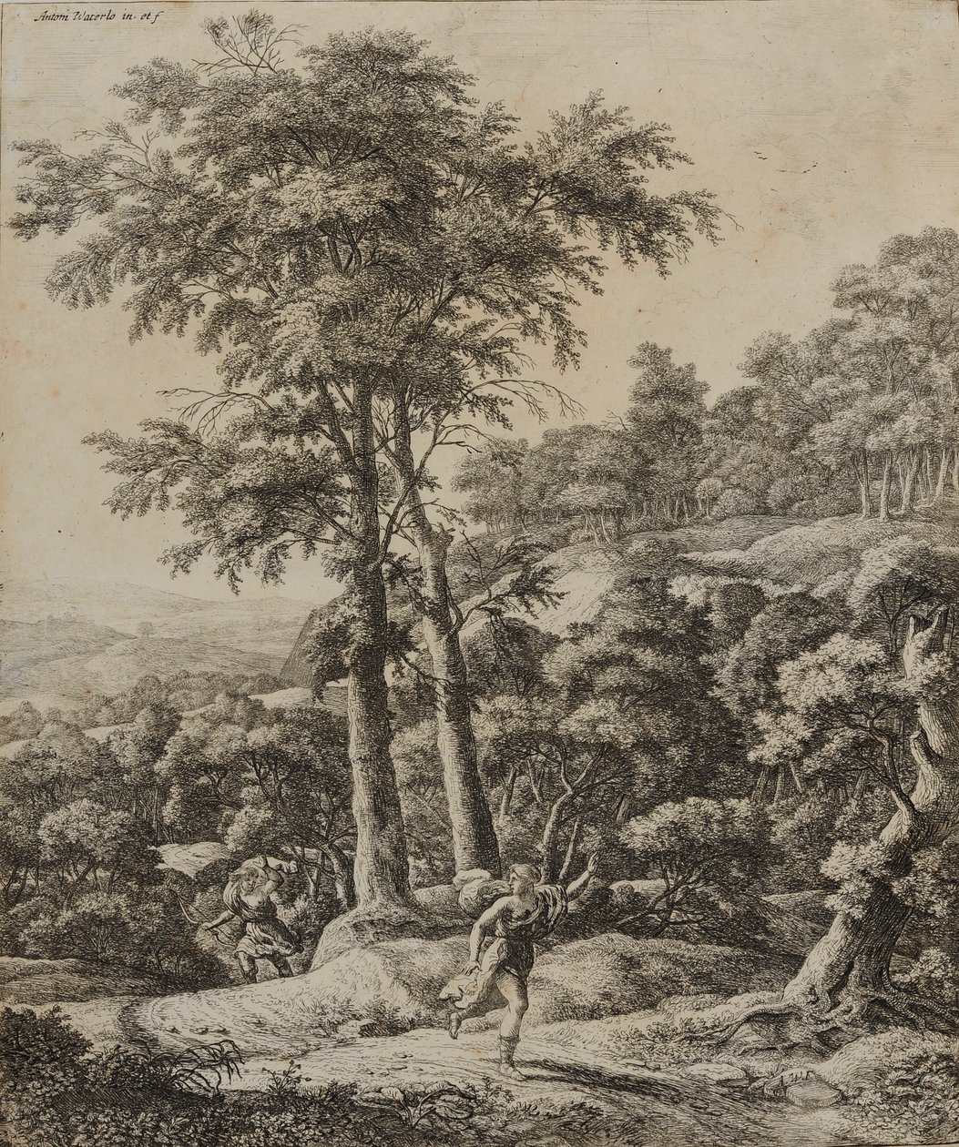 Landskap med jägare (etsning) av Anthonie Waterloo