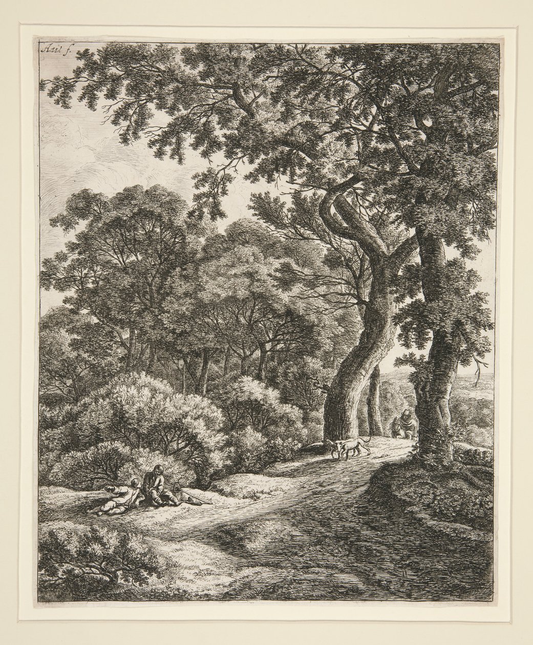 De två resenärerna vilar i skogen av Anthonie Waterloo