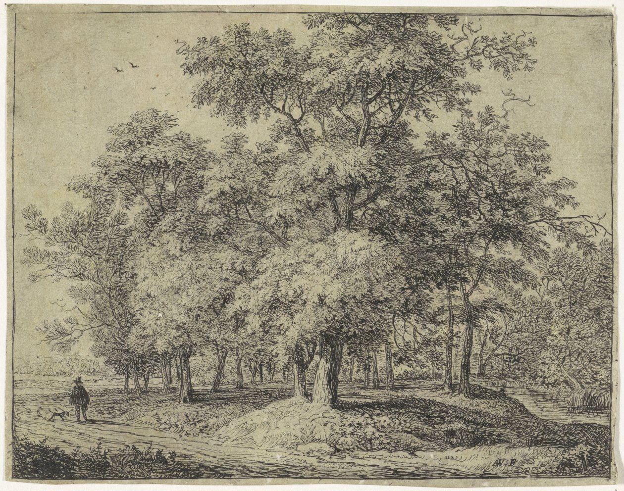 Man med hund i en skog Forest Views, serie A (serietitel) av Anthonie Waterloo