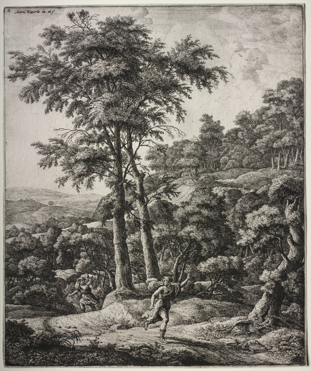 Sex stora upprättstående landskap med scener från Ovidius Metamorphoses: Apollo och Daphne av Anthonie Waterloo