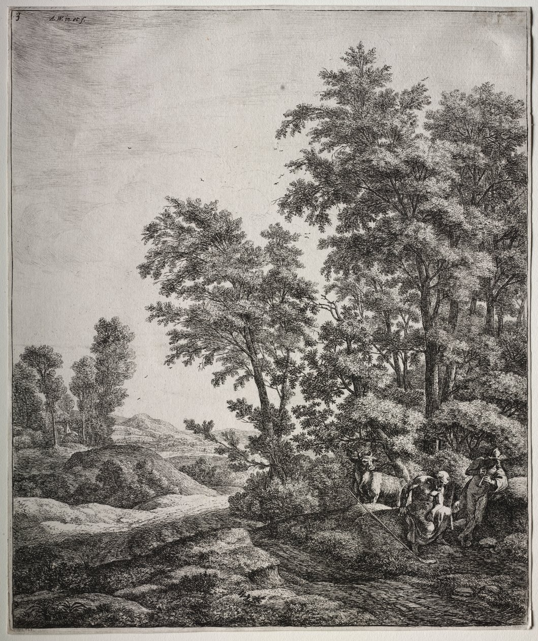 Sex stora upprättstående landskap med scener från Ovidius Metamorphoses: Mercury and Argus av Anthonie Waterloo
