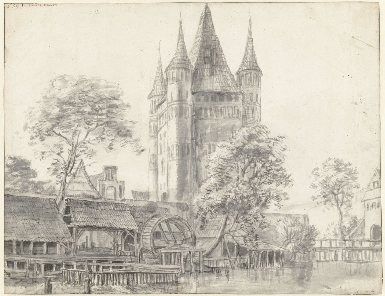 Stadsporten Altenbrücker Tor och vattenkvarnen i Lüneburg nära Hamburg av Anthonie Waterloo