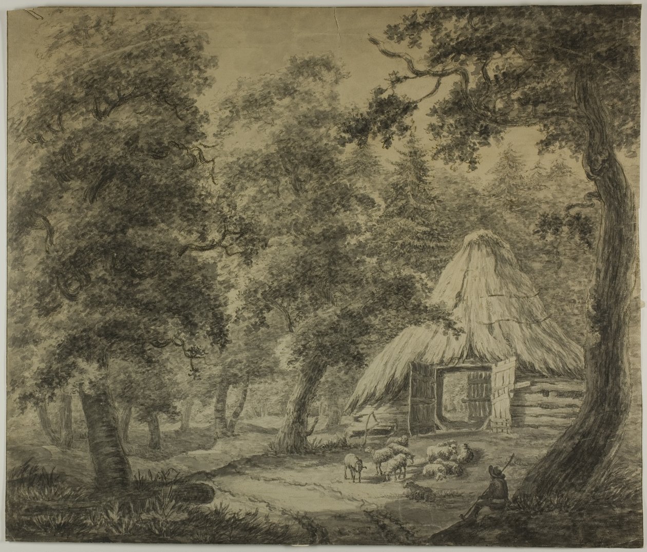 Halmtak hydda i skogen med herde och får av Anthonie Waterloo