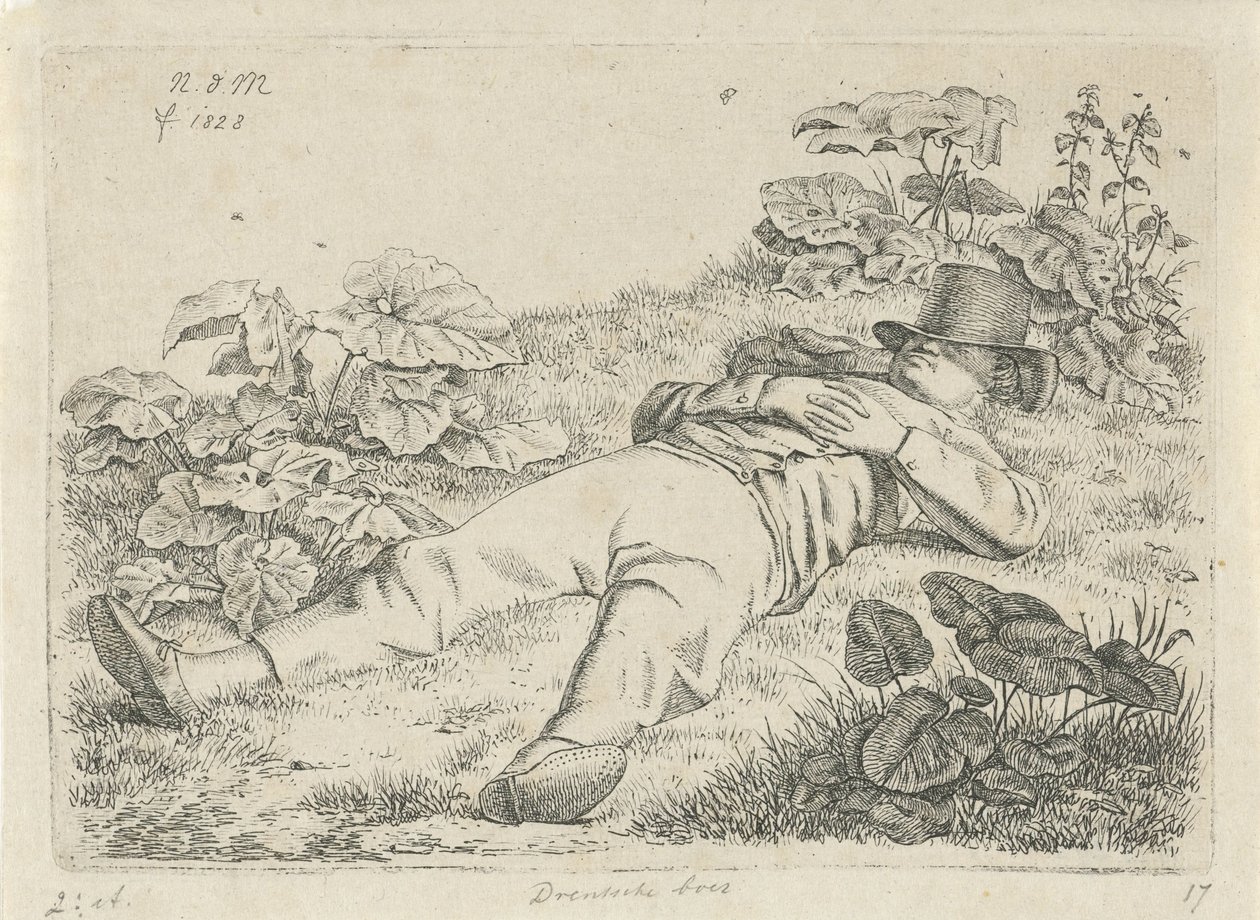 Liggande man i gräset Drentsche bonde (titel på objekt) av Anthonie Willem Hendrik Nolthenius de Man
