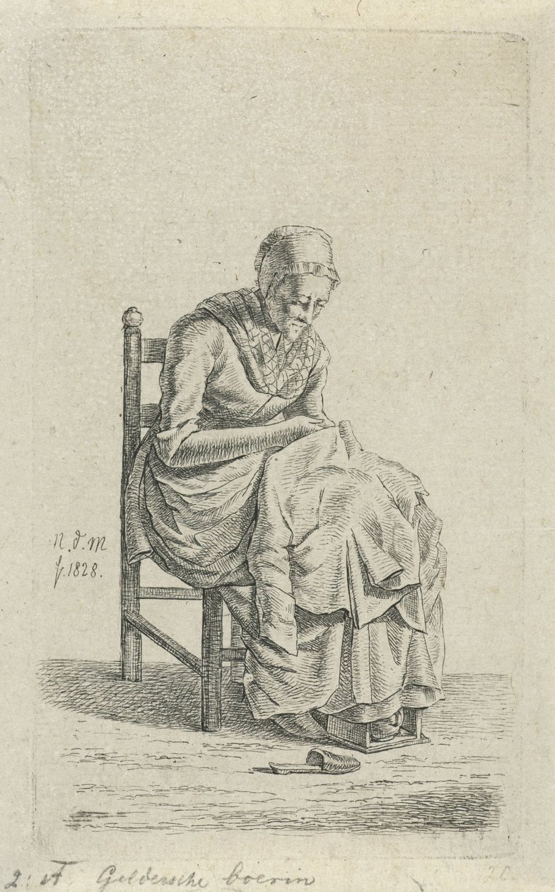 Lagar kvinna på en stol Gelderlands bondfru (titel på objektet) 12 studiefigurer (serietitel) av Anthonie Willem Hendrik Nolthenius de Man