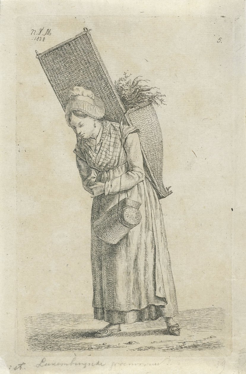 Kvinna från Luxemburg med en korg på ryggen Luxemburg grön kvinna (titel på objekt) Bönder och kvinnliga bönder från Förenade kungariket Nederländerna (serietitel) av Anthonie Willem Hendrik Nolthenius de Man
