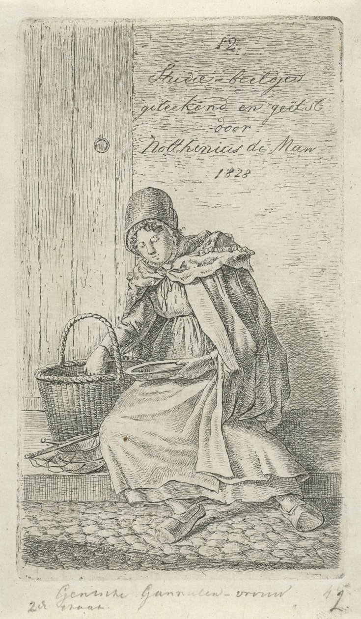 Sittande kvinna med korg och tallrik Gentsche Räkkvinna (titel på objekt) 12 studiefigurer (serietitel) av Anthonie Willem Hendrik Nolthenius de Man