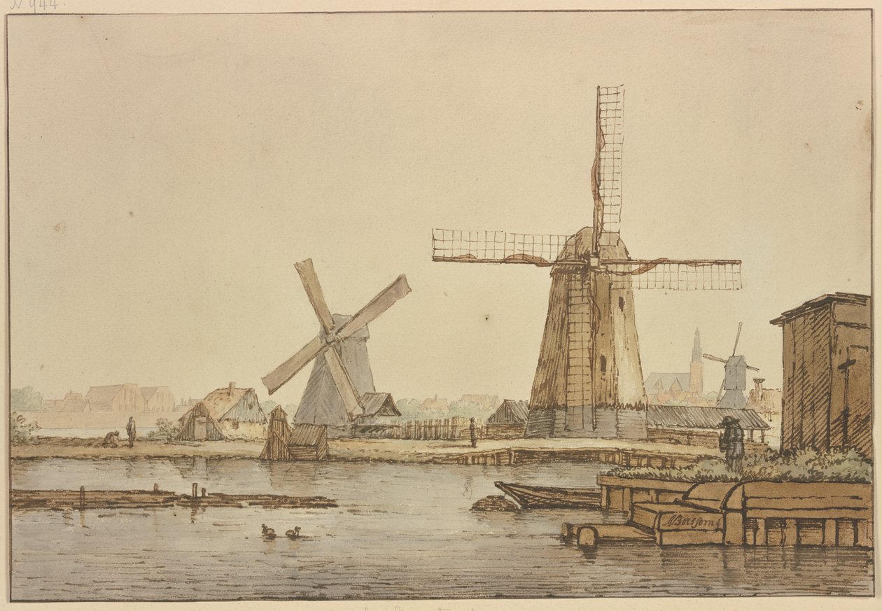 Tre väderkvarnar nära Amsterdam av Anthonie van Borssom