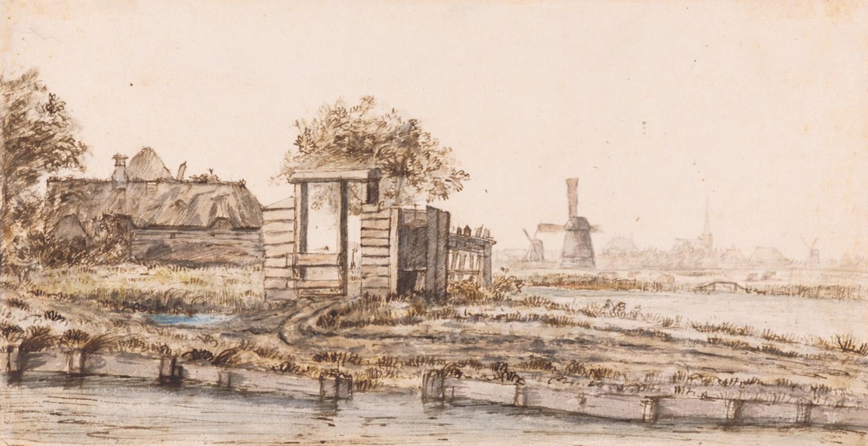 En gård vid ett vattendrag nära en by av Anthonie van Borssom