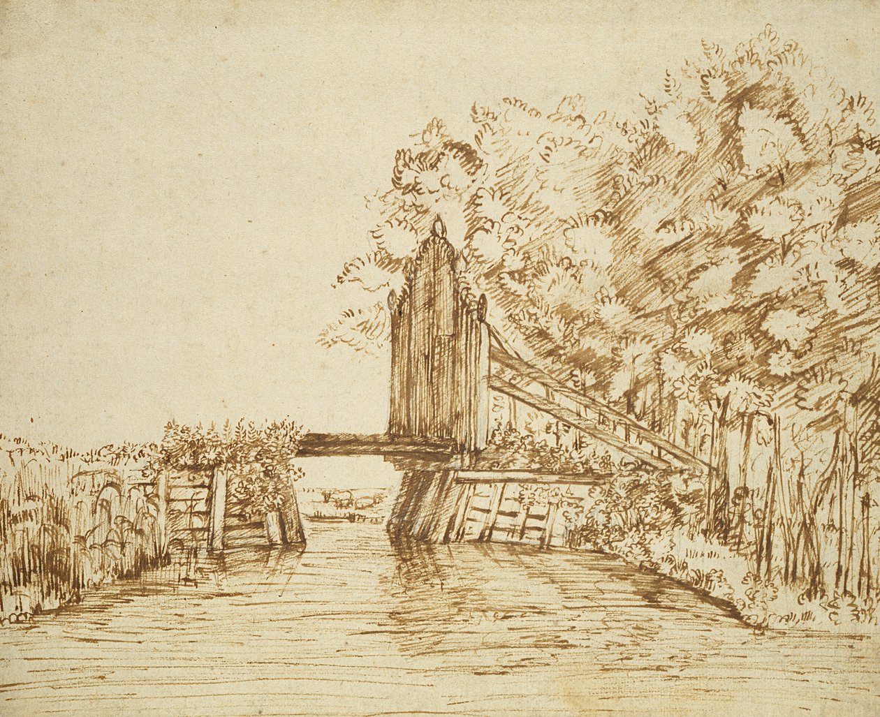 Liten bro över vatten och porten till godset (penna och bläck på papper) av Anthonie van Borssom
