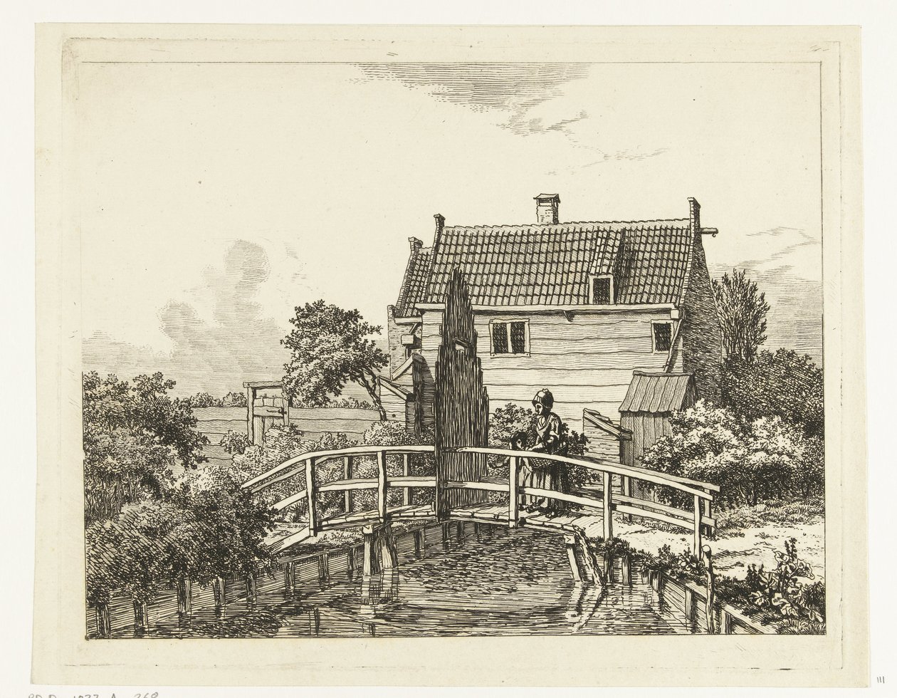 Jan Hanzenpad utanför Raampoort (titel på objekt) Kvinna med barn på en bro nära en stängd grind av Anthonie van den Bos