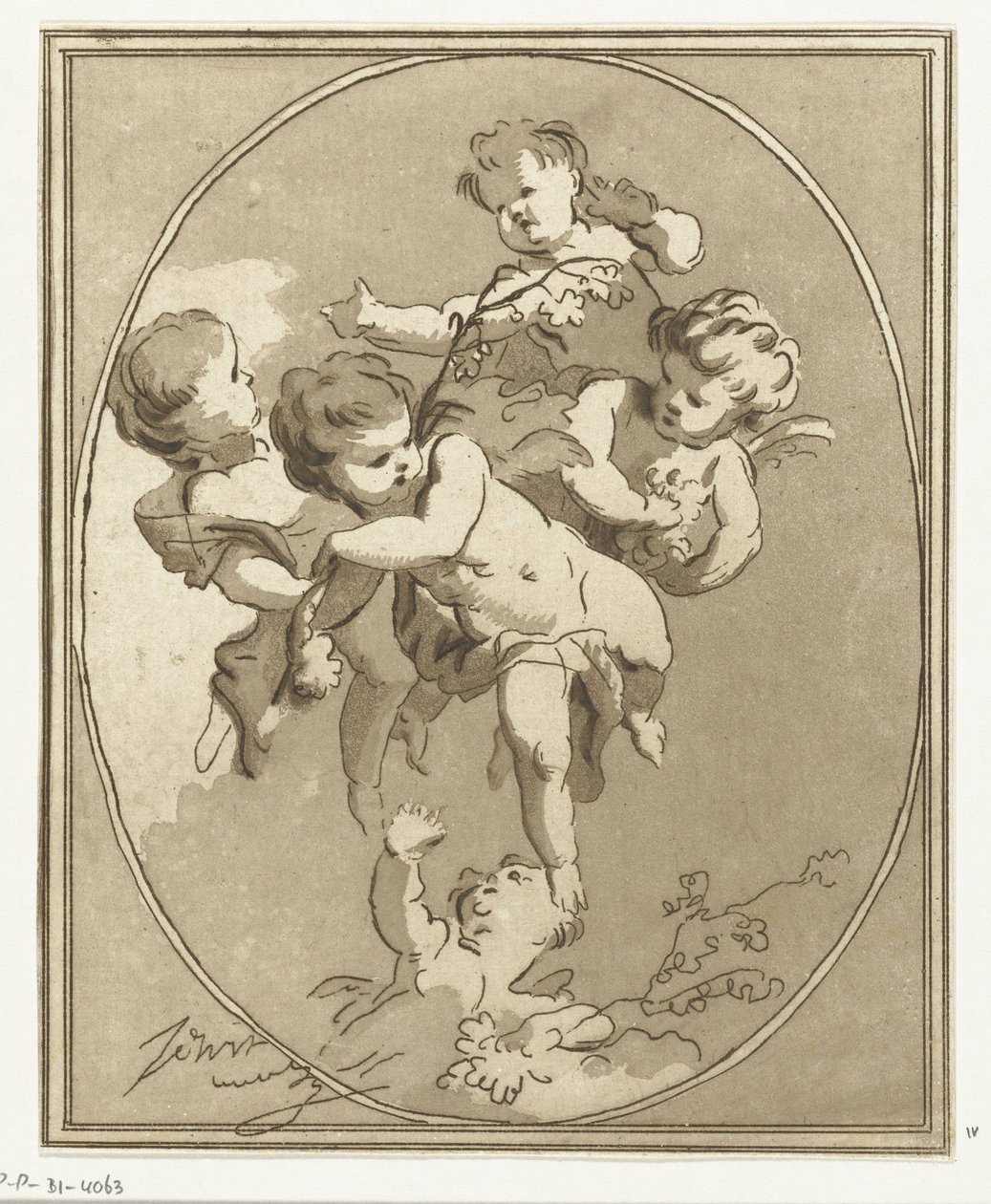 Fem putti med blomspray av Anthonie van den Bos