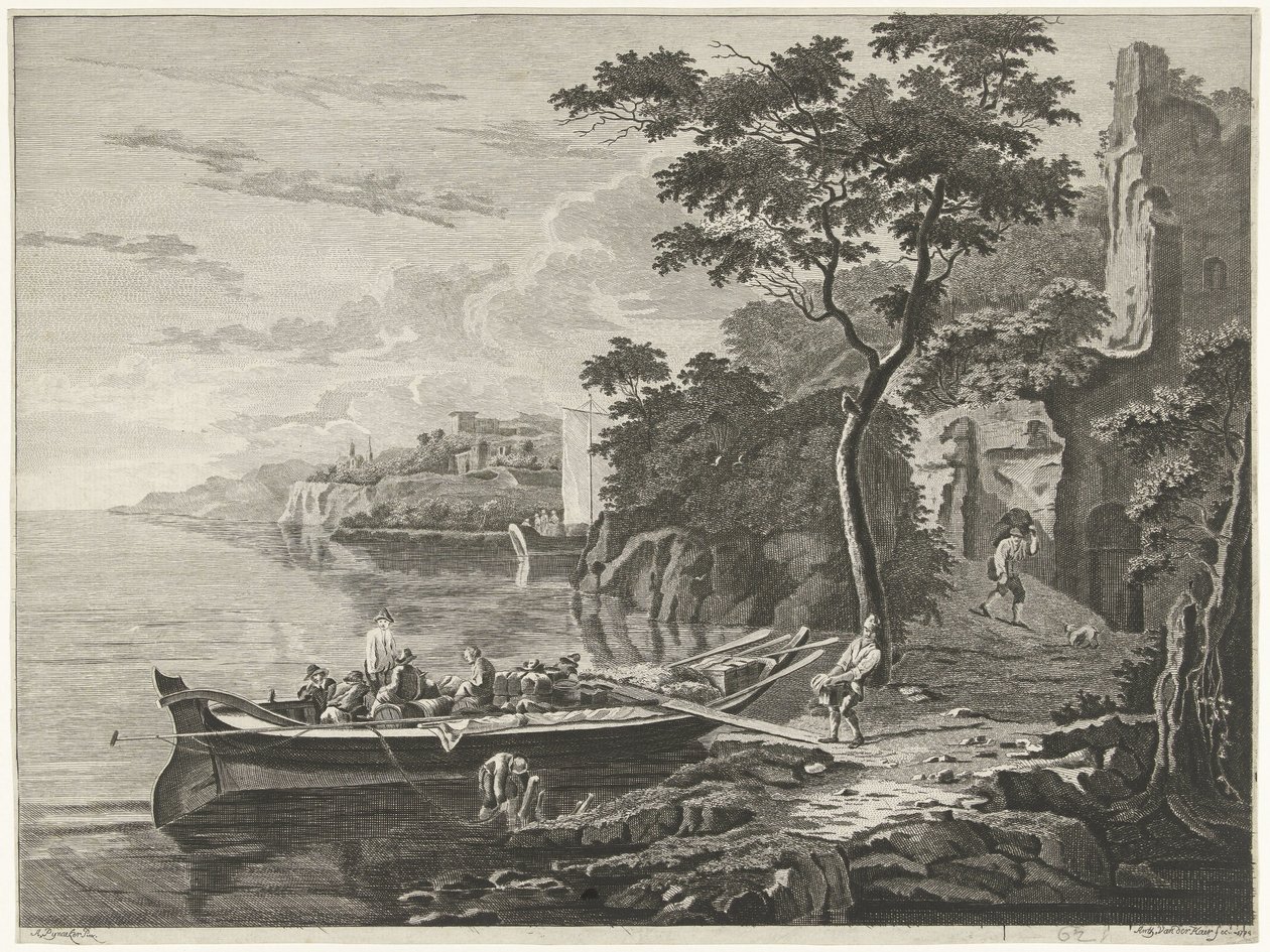Figurer vid en pråm i ett bergslandskap av Anthonij van der Haer