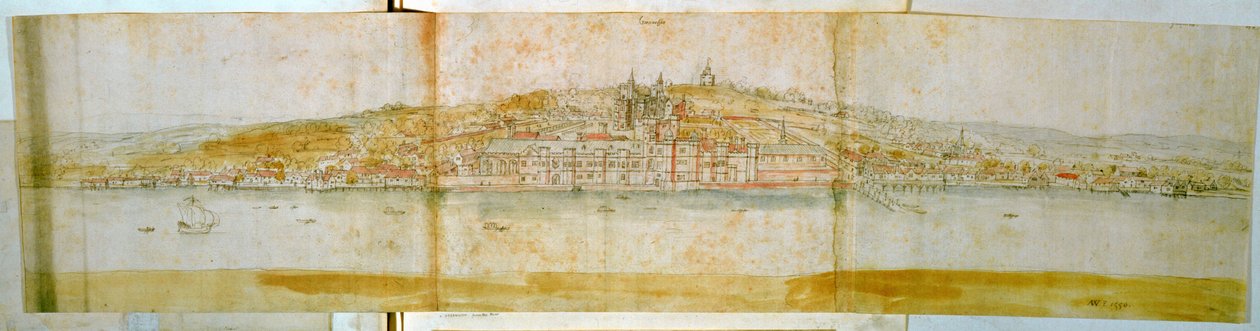 Greenwich Palace från Themsens norra strand, ca 1544 (penna och bläck och wc på papper) av Anthonis van den Wyngaerde