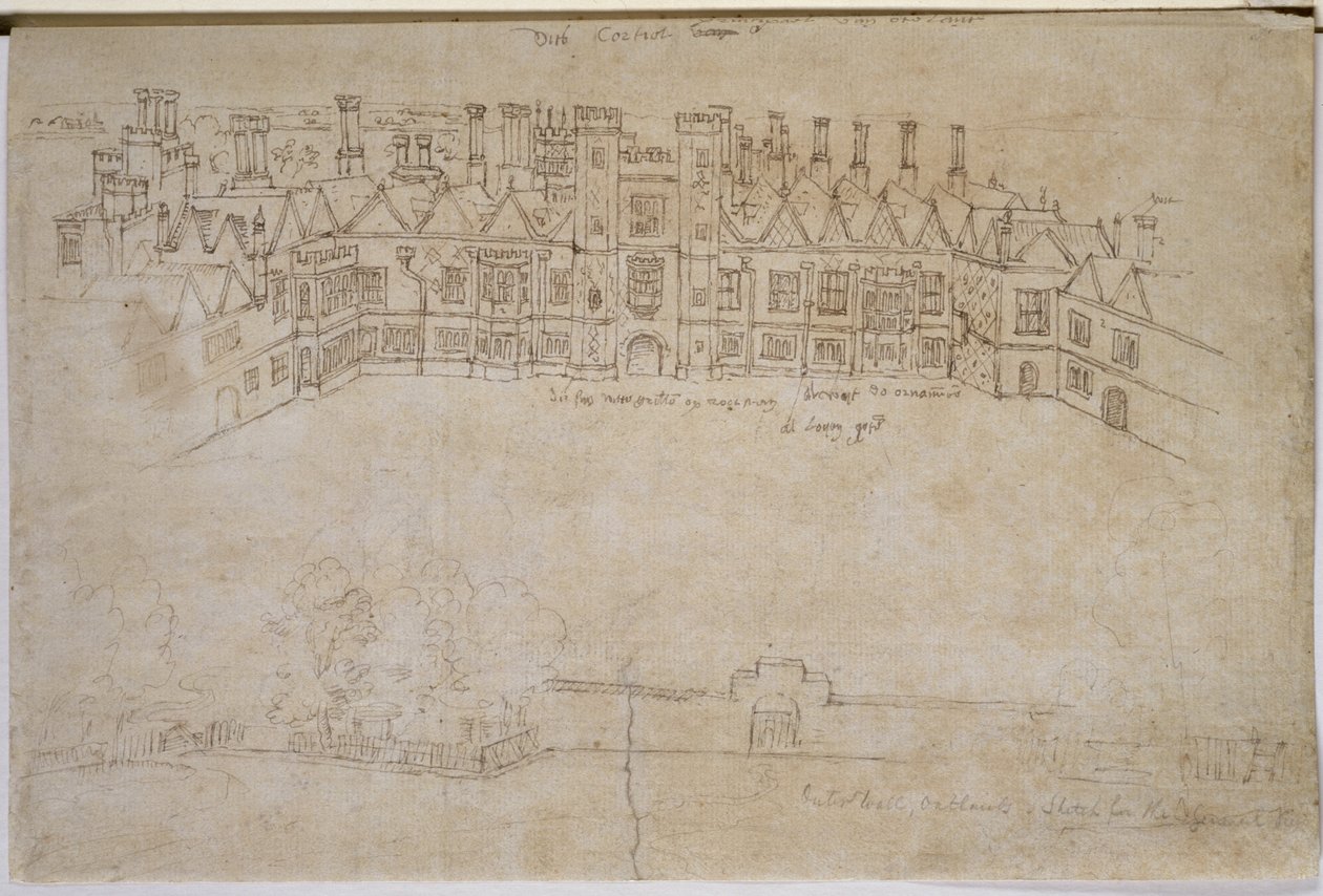 Inner Courtyard and Outer Wall of Oatlands, Richmond Palace, 1500-talet (penna och bläck på papper) av Anthonis van den Wyngaerde