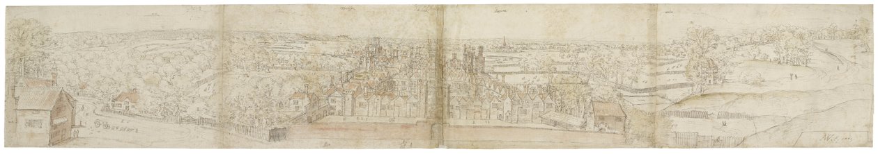 Oatlands Palace from the South, ca 1544 (penna, bläck, krita och wc på papper) av Anthonis van den Wyngaerde