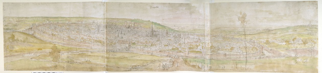 Panoramautsikt över Bryssel från norr, 1558 (penna och brunt bläck med akvarell över spår av svart krita) av Anthonis van den Wyngaerde