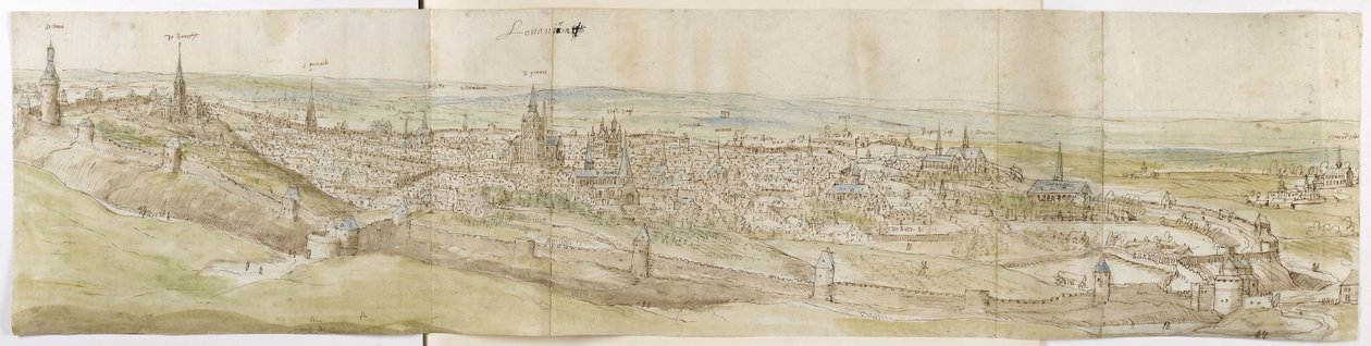 Panorama av Leuven från nordväst (penna, brunt bläck och akvarell över svart krita) av Anthonis van den Wyngaerde